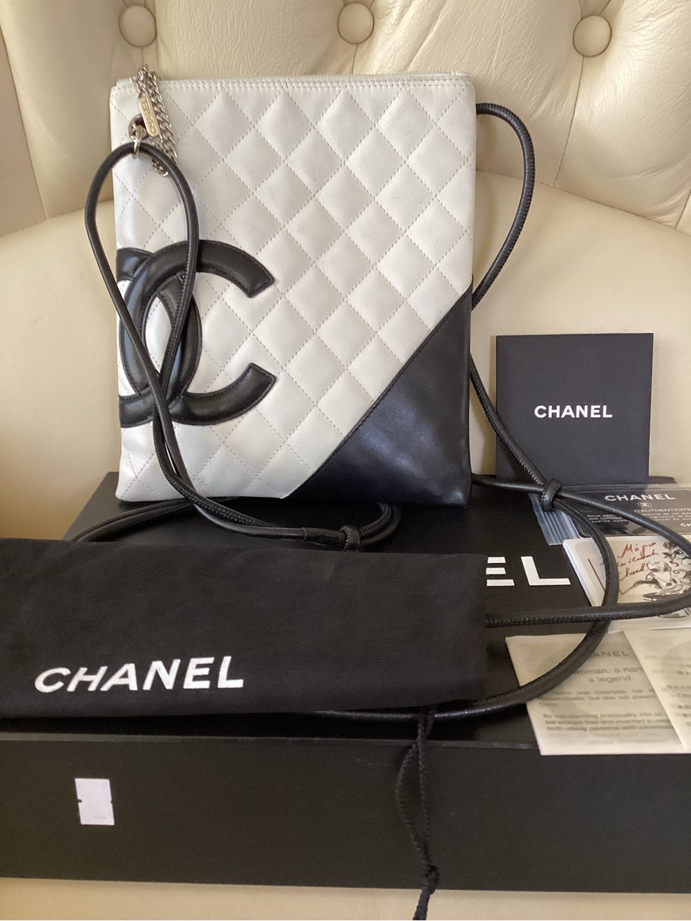 CHANEL Quilted  Leather Crossbody — White & Black